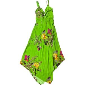 Y2K Urban Outfitters Pricilla Lace Up Green Floral‎ Satin Dress XS Romantic Boho
